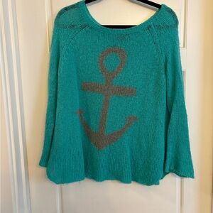 Wooden Ships Green and Gray Crew Neck Sweater with Anchor Design